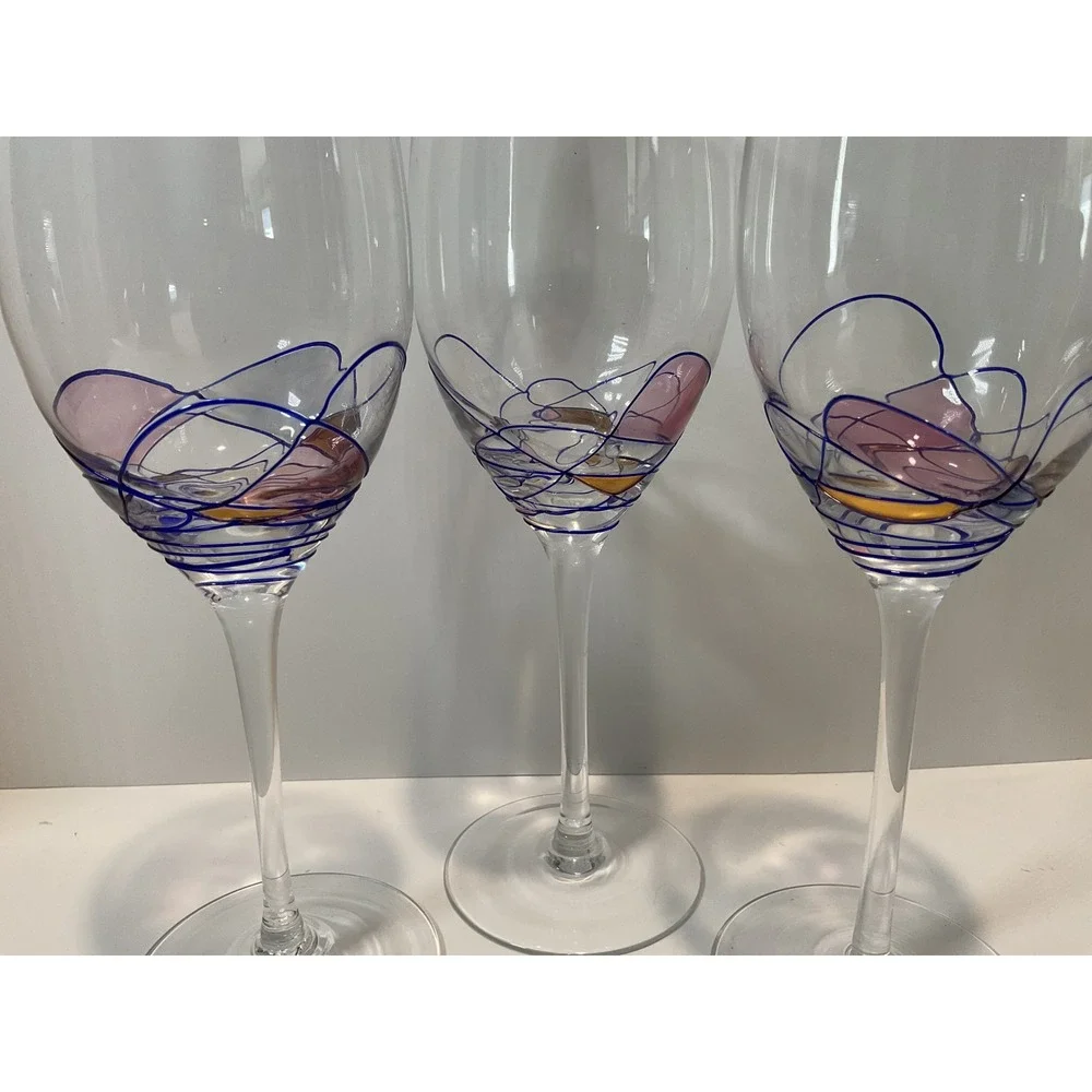 Set‎ of 3 Art Glass Wine Glasses Swirl Design Pink Blue Accent